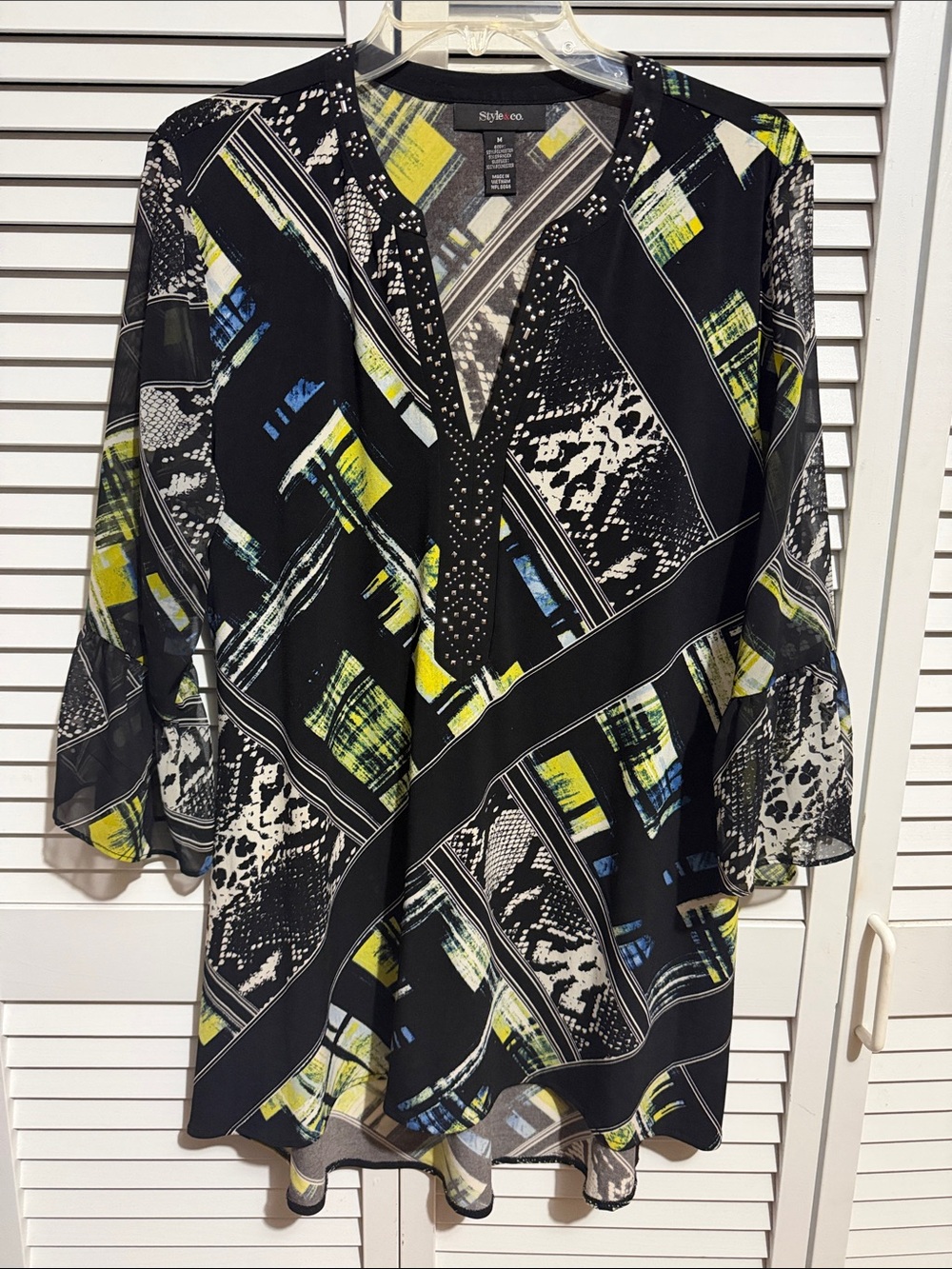 Style & Co Black Geometric Print Tunic with White, Yellow & Blue Accents Sz M